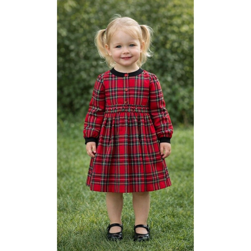 Sarah‎ Louise England Girls Red Plaid Smocked Dress Black Velvet Collar RTL $85